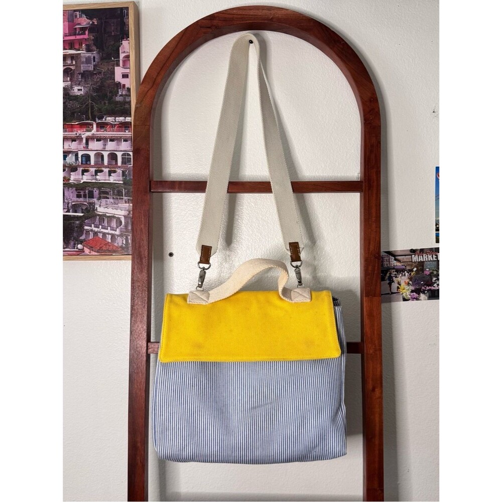 Rue De Verneuil Striped Beach Yellow Blue Canvas Tote Bag Shoulder